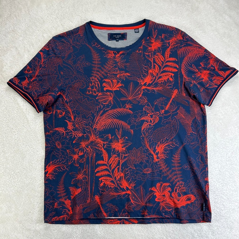 Ted Baker T-Shirt Mens 5 US XL Navy Red Cotton Paisley Botanical Print Crew Neck